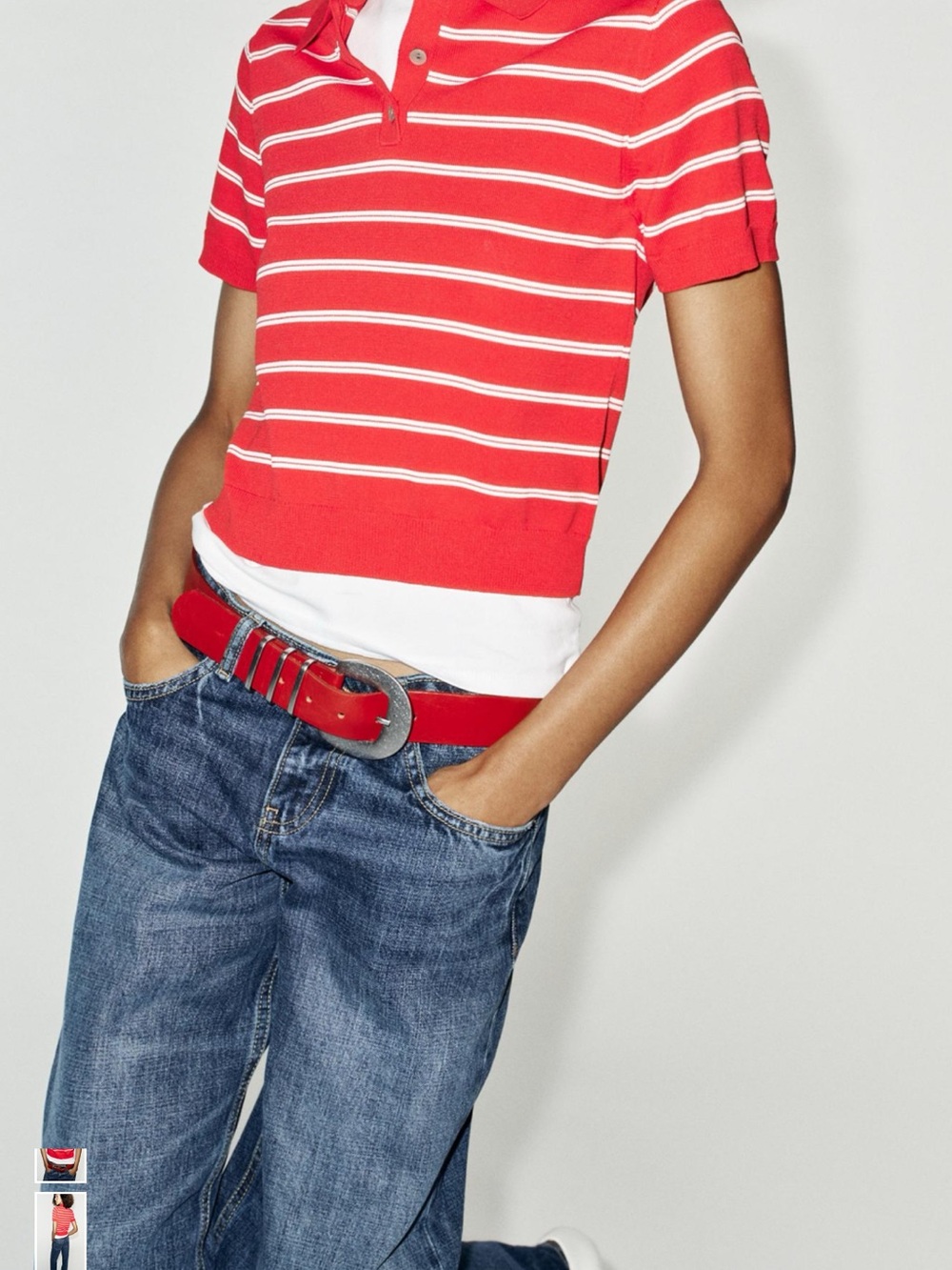 Zara Red and White Striped Polo Top